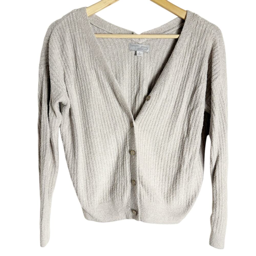 Barefoot Dreams CozyChic Lite V-Neck Light Gray Button Front Cardigan Sweater S
